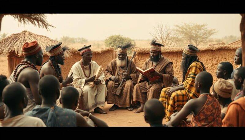 African griots performing traditional oral poetry, an early precursor to modern battle rap