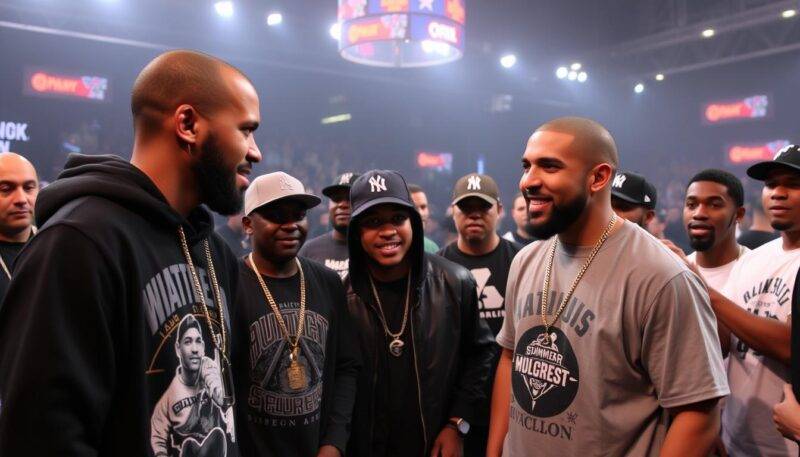 Drake hosting a high-profile battle rap event, showing celebrity involvement in the culture