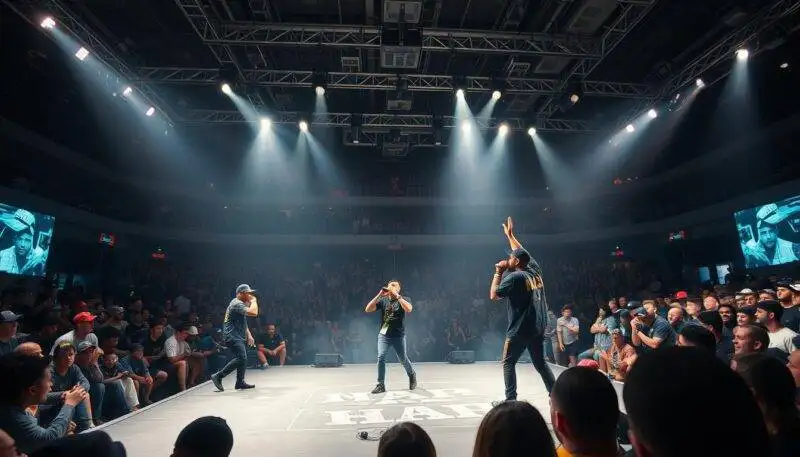 Modern battle rappers performing to a packed arena, symbolizing battle rap's evolution from street corners to mainstream stages