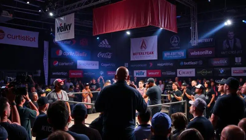 Professional battle rap event with corporate sponsorship banners and high production values